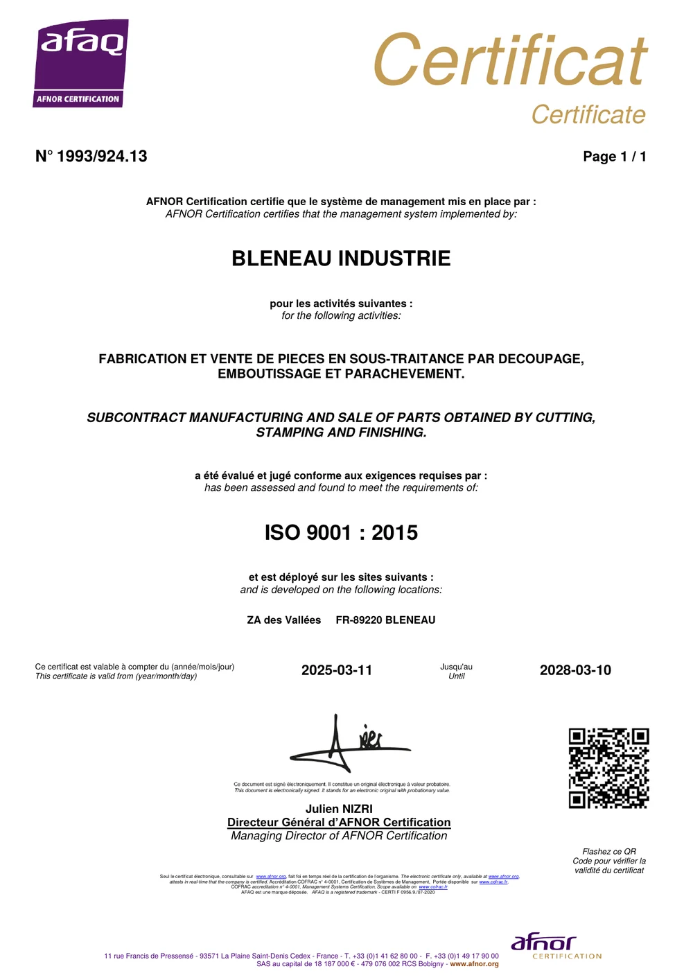 Certificat ISO 9001 : 2015 de BLENEAU Industrie